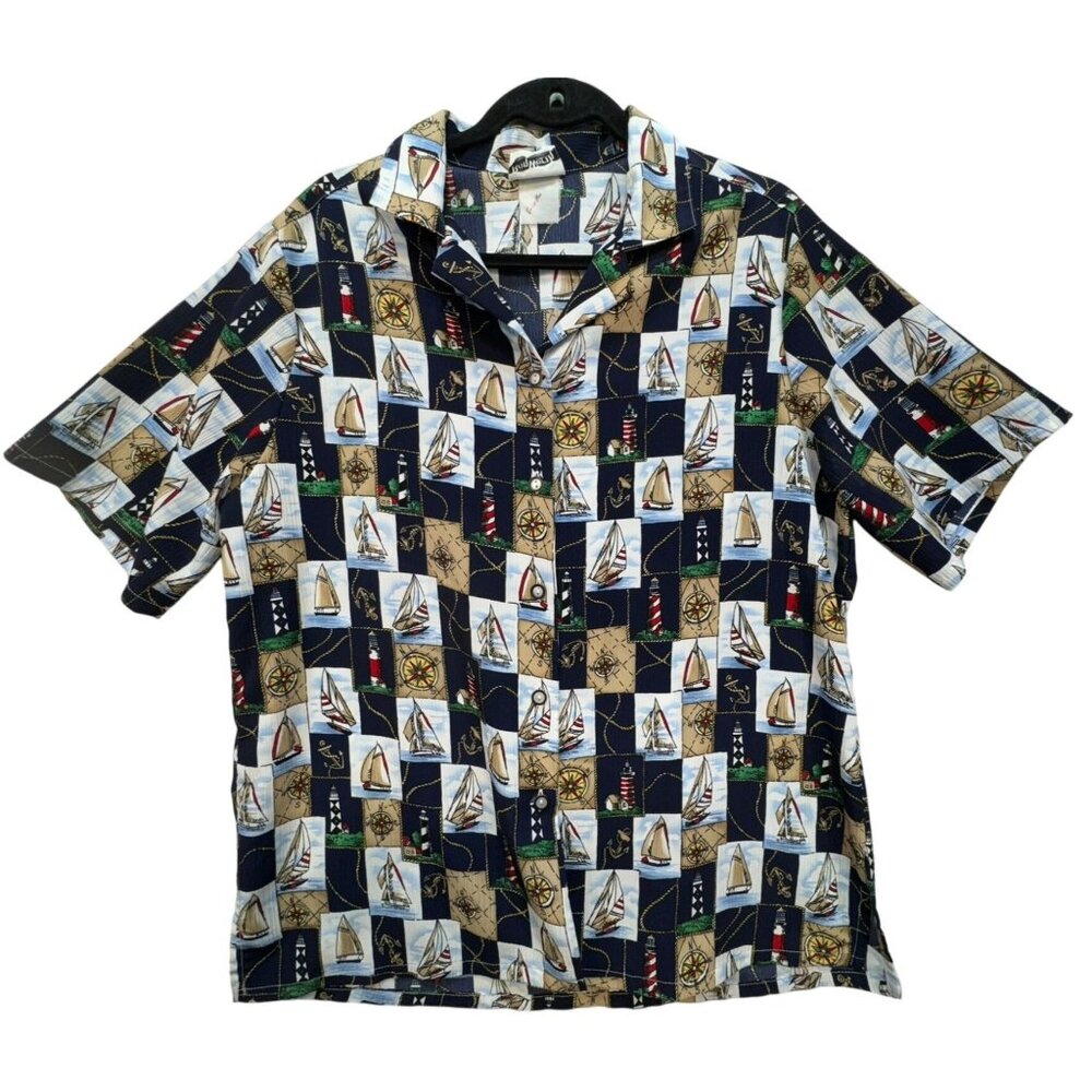 Vintage BonWorth Mens Nautical Print Short Sleeve Shirt M Navy Tan